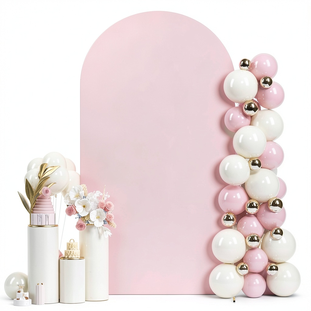 Pink spandex arch backdrop set up at a wedding ceremony